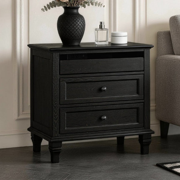 English Elm 28 Inch Farmhouse Nightstand with Built-In Charging Station Three Drawers Oak Finish Black W3720P505961