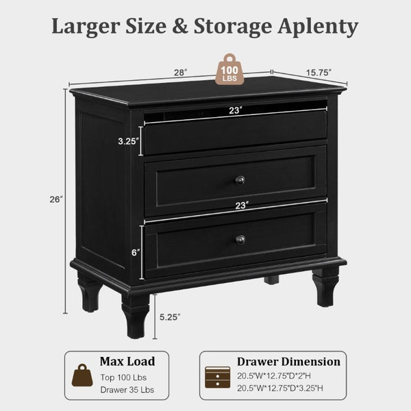 English Elm 28 Inch Farmhouse Nightstand with Built-In Charging Station Three Drawers Oak Finish Black W3720P505961