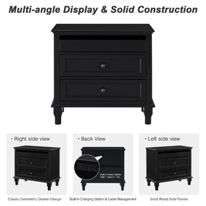 English Elm 28 Inch Farmhouse Nightstand with Built-In Charging Station Three Drawers Oak Finish Black W3720P505961