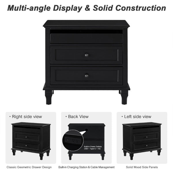 English Elm 28 Inch Farmhouse Nightstand with Built-In Charging Station Three Drawers Oak Finish Black W3720P505961