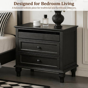 English Elm 28 Inch Farmhouse Nightstand with Built-In Charging Station Three Drawers Oak Finish Black W3720P505961