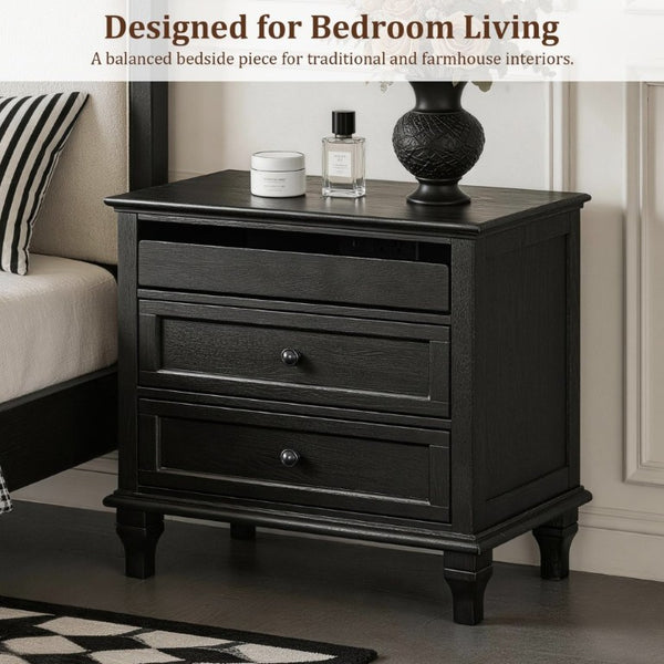 English Elm 28 Inch Farmhouse Nightstand with Built-In Charging Station Three Drawers Oak Finish Black W3720P505961