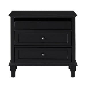 English Elm 28 Inch Farmhouse Nightstand with Built-In Charging Station Three Drawers Oak Finish Black W3720P505961
