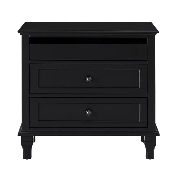 English Elm 28 Inch Farmhouse Nightstand with Built-In Charging Station Three Drawers Oak Finish Black W3720P505961