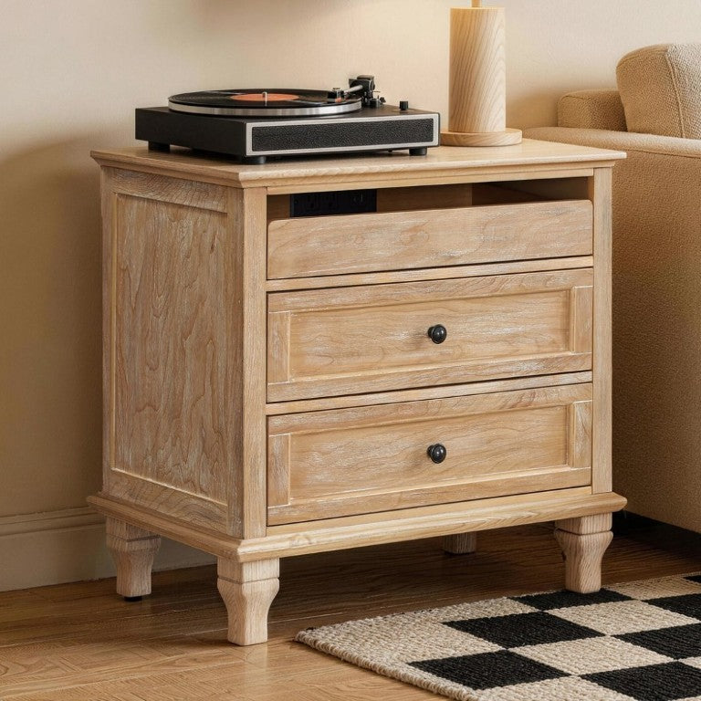 English Elm 28 Inch Farmhouse Nightstand with Built-In Charging Station Three Drawers Oak Finish Natural W3720P505970