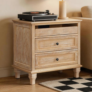 English Elm 28 Inch Farmhouse Nightstand with Built-In Charging Station Three Drawers Oak Finish Natural W3720P505970