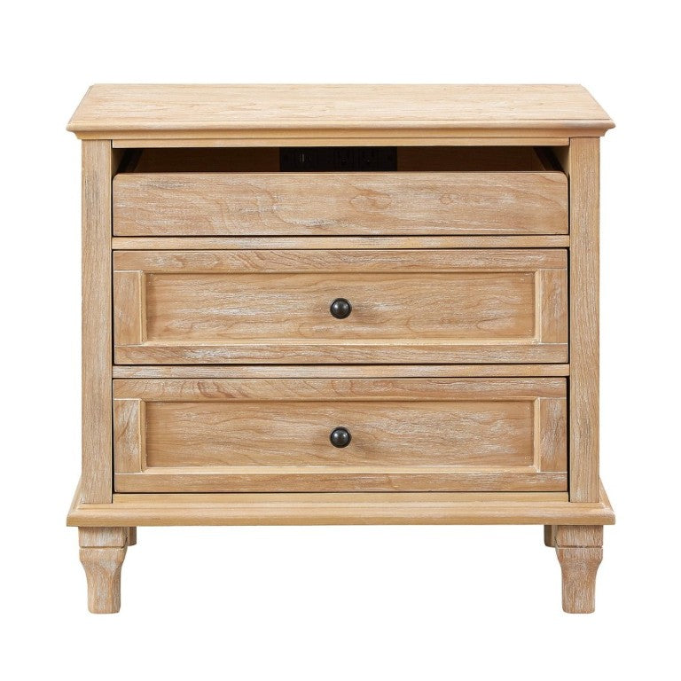 English Elm 28 Inch Farmhouse Nightstand with Built-In Charging Station Three Drawers Oak Finish Natural W3720P505970