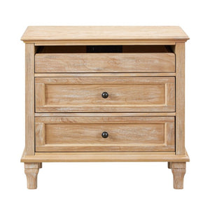 English Elm 28 Inch Farmhouse Nightstand with Built-In Charging Station Three Drawers Oak Finish Natural W3720P505970