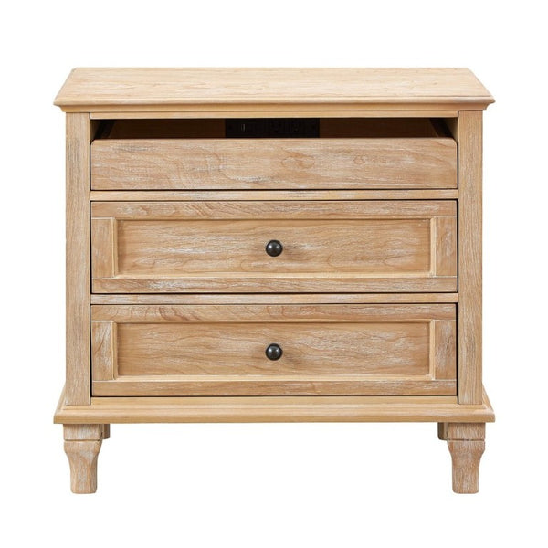 English Elm 28 Inch Farmhouse Nightstand with Built-In Charging Station Three Drawers Oak Finish Natural W3720P505970
