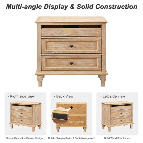 English Elm 28 Inch Farmhouse Nightstand with Built-In Charging Station Three Drawers Oak Finish Natural W3720P505970