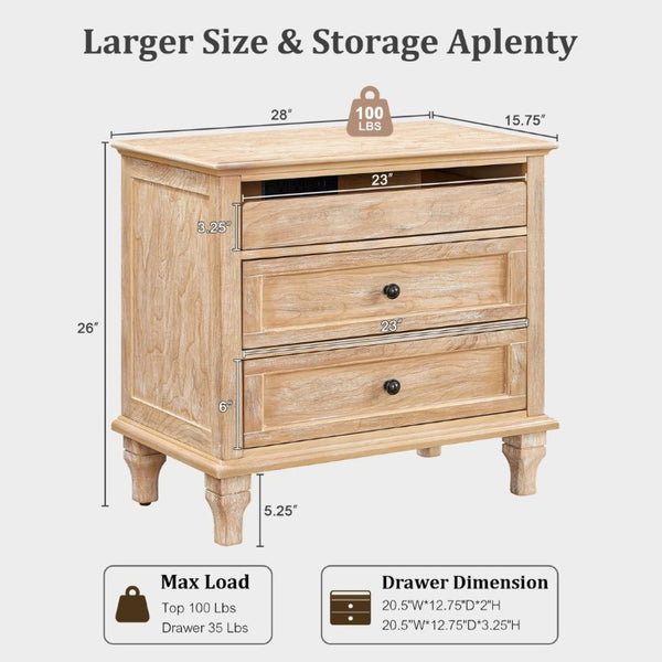 English Elm 28 Inch Farmhouse Nightstand with Built-In Charging Station Three Drawers Oak Finish Natural W3720P505970