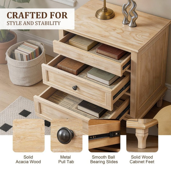 English Elm 28 Inch Farmhouse Nightstand with Built-In Charging Station Three Drawers Oak Finish Natural W3720P505970