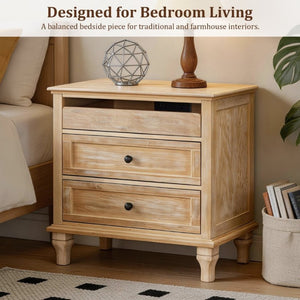 English Elm 28 Inch Farmhouse Nightstand with Built-In Charging Station Three Drawers Oak Finish Natural W3720P505970