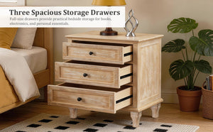 English Elm 28 Inch Farmhouse Nightstand with Built-In Charging Station Three Drawers Oak Finish Natural W3720P505970