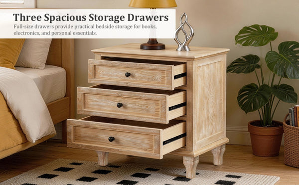 English Elm 28 Inch Farmhouse Nightstand with Built-In Charging Station Three Drawers Oak Finish Natural W3720P505970
