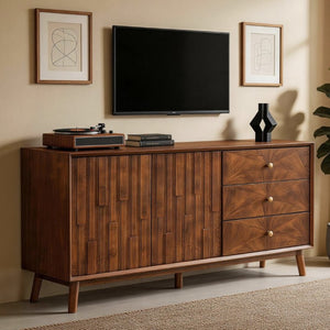 English Elm 56 Inch Mid Century Modern TV Stand with Walnut Finish Three Drawers and Cabinet Storage W3720P505992