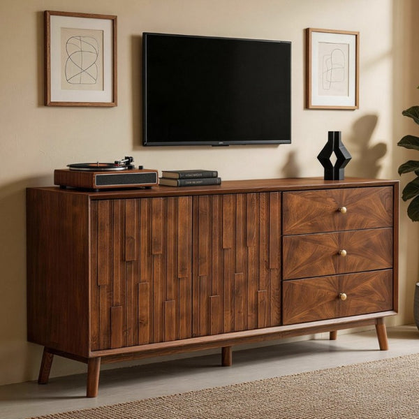 English Elm 56 Inch Mid Century Modern TV Stand with Walnut Finish Three Drawers and Cabinet Storage W3720P505992