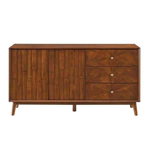 English Elm 56 Inch Mid Century Modern TV Stand with Walnut Finish Three Drawers and Cabinet Storage W3720P505992