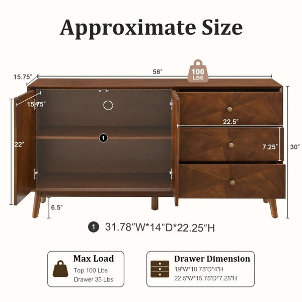 English Elm 56 Inch Mid Century Modern TV Stand with Walnut Finish Three Drawers and Cabinet Storage W3720P505992