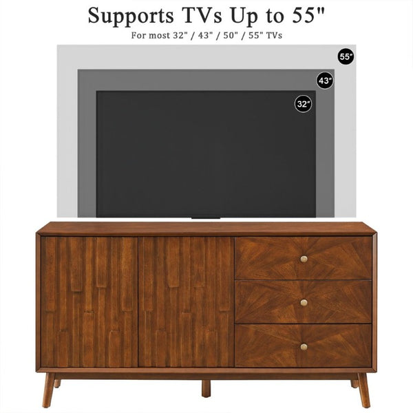 English Elm 56 Inch Mid Century Modern TV Stand with Walnut Finish Three Drawers and Cabinet Storage W3720P505992