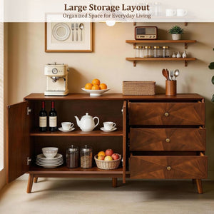 English Elm 56 Inch Mid Century Modern TV Stand with Walnut Finish Three Drawers and Cabinet Storage W3720P505992