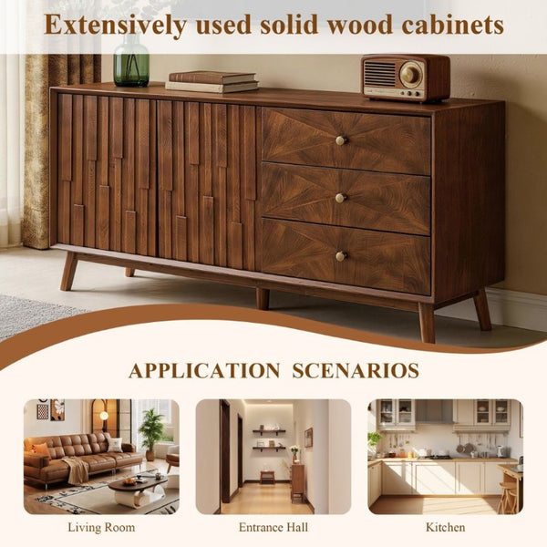English Elm 56 Inch Mid Century Modern TV Stand with Walnut Finish Three Drawers and Cabinet Storage W3720P505992