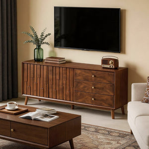 English Elm 56 Inch Mid Century Modern TV Stand with Walnut Finish Three Drawers and Cabinet Storage W3720P505992