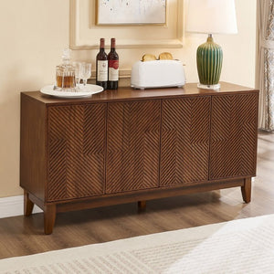 English Elm 56 Inch Mid Century Modern Media Console with Carved Geometric Doors and Warm Wood Storage W3720P508109