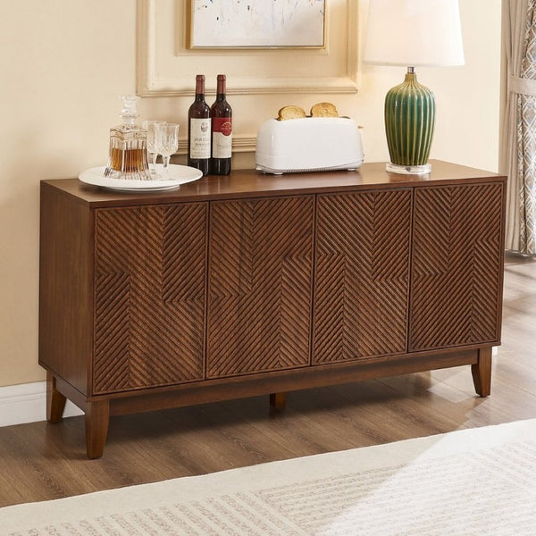 English Elm 56 Inch Mid Century Modern Media Console with Carved Geometric Doors and Warm Wood Storage W3720P508109