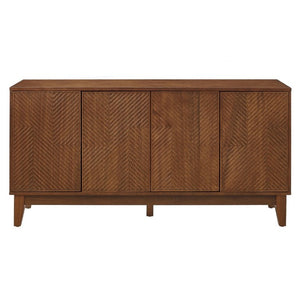 English Elm 56 Inch Mid Century Modern Media Console with Carved Geometric Doors and Warm Wood Storage W3720P508109