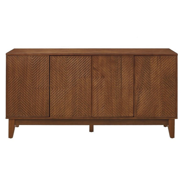 English Elm 56 Inch Mid Century Modern Media Console with Carved Geometric Doors and Warm Wood Storage W3720P508109