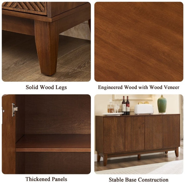English Elm 56 Inch Mid Century Modern Media Console with Carved Geometric Doors and Warm Wood Storage W3720P508109