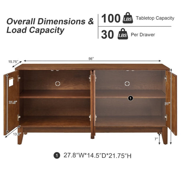English Elm 56 Inch Mid Century Modern Media Console with Carved Geometric Doors and Warm Wood Storage W3720P508109