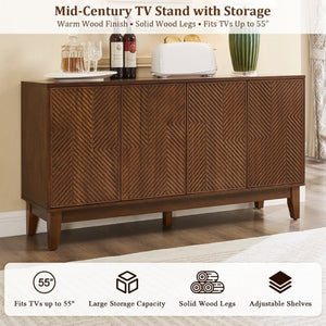 English Elm 56 Inch Mid Century Modern Media Console with Carved Geometric Doors and Warm Wood Storage W3720P508109