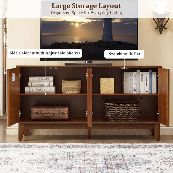 English Elm 56 Inch Mid Century Modern Media Console with Carved Geometric Doors and Warm Wood Storage W3720P508109