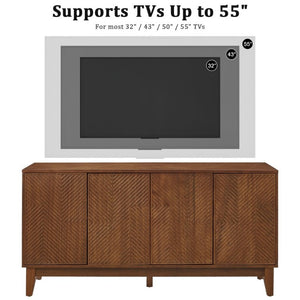English Elm 56 Inch Mid Century Modern Media Console with Carved Geometric Doors and Warm Wood Storage W3720P508109