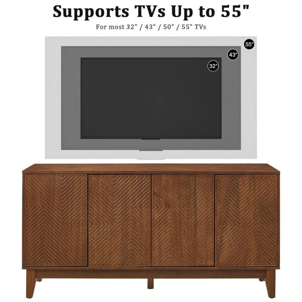 English Elm 56 Inch Mid Century Modern Media Console with Carved Geometric Doors and Warm Wood Storage W3720P508109