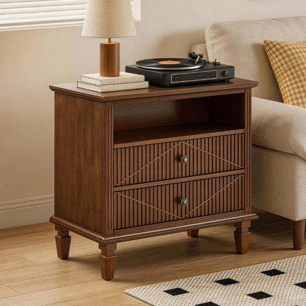 English Elm Farmhouse Nightstand with Built-In Charging Station Two Drawers Engineered Wood Bedroom Walnut W3720P533601