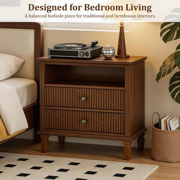 English Elm Farmhouse Nightstand with Built-In Charging Station Two Drawers Engineered Wood Bedroom Walnut W3720P533601