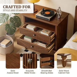 English Elm Farmhouse Nightstand with Built-In Charging Station Two Drawers Engineered Wood Bedroom Walnut W3720P533601