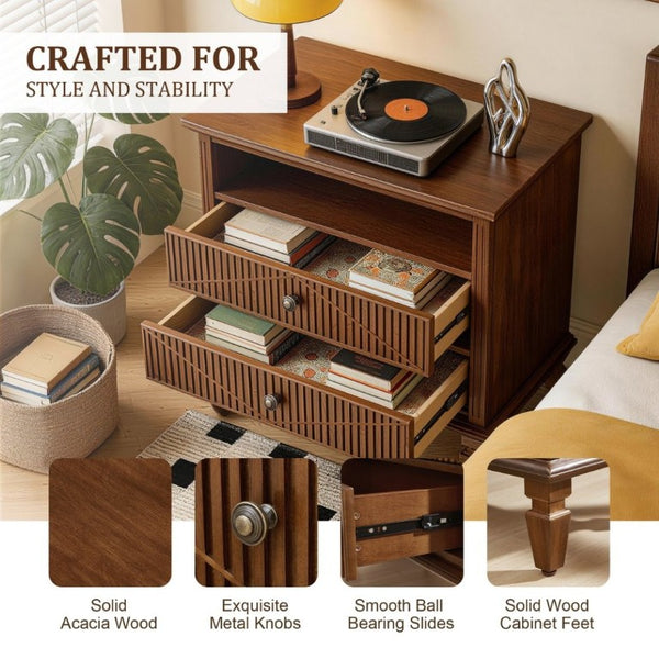 English Elm Farmhouse Nightstand with Built-In Charging Station Two Drawers Engineered Wood Bedroom Walnut W3720P533601