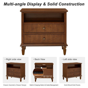 English Elm Farmhouse Nightstand with Built-In Charging Station Two Drawers Engineered Wood Bedroom Walnut W3720P533601