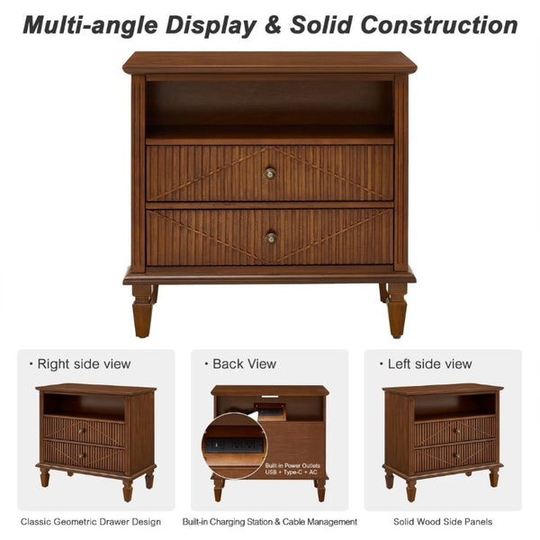 English Elm Farmhouse Nightstand with Built-In Charging Station Two Drawers Engineered Wood Bedroom Walnut W3720P533601