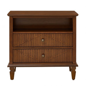English Elm Farmhouse Nightstand with Built-In Charging Station Two Drawers Engineered Wood Bedroom Walnut W3720P533601