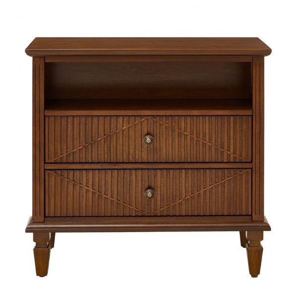 English Elm Farmhouse Nightstand with Built-In Charging Station Two Drawers Engineered Wood Bedroom Walnut W3720P533601