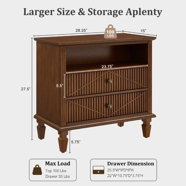 English Elm Farmhouse Nightstand with Built-In Charging Station Two Drawers Engineered Wood Bedroom Walnut W3720P533601