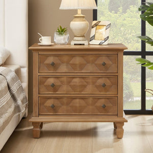 English Elm Farmhouse Nightstand with Built-In Charging Station Three Drawer Engineered Wood Bedside W3720P537049