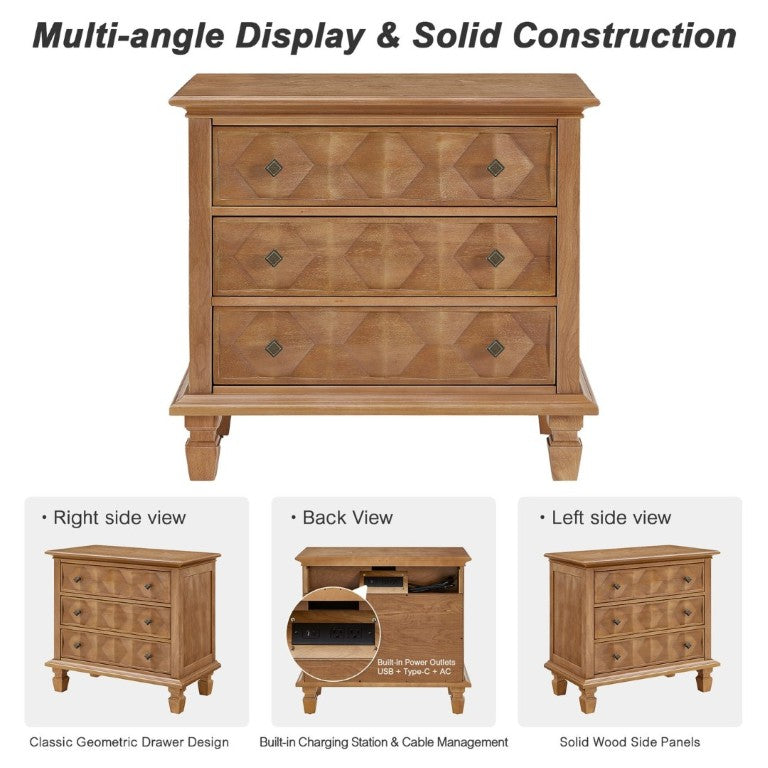 English Elm Farmhouse Nightstand with Built-In Charging Station Three Drawer Engineered Wood Bedside W3720P537049