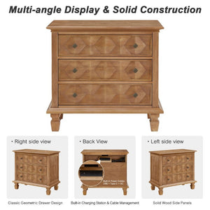 English Elm Farmhouse Nightstand with Built-In Charging Station Three Drawer Engineered Wood Bedside W3720P537049