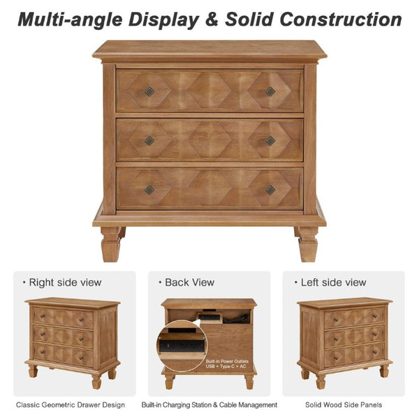English Elm Farmhouse Nightstand with Built-In Charging Station Three Drawer Engineered Wood Bedside W3720P537049